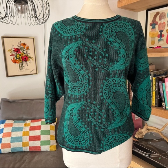 Vintage 80’s Green and Black Paisley Patterned Sweater - Picture 1 of 4